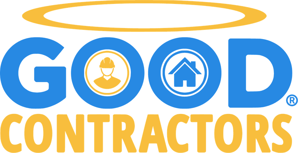 Good Contractors logo featuring a construction worker and home icon with a halo design.